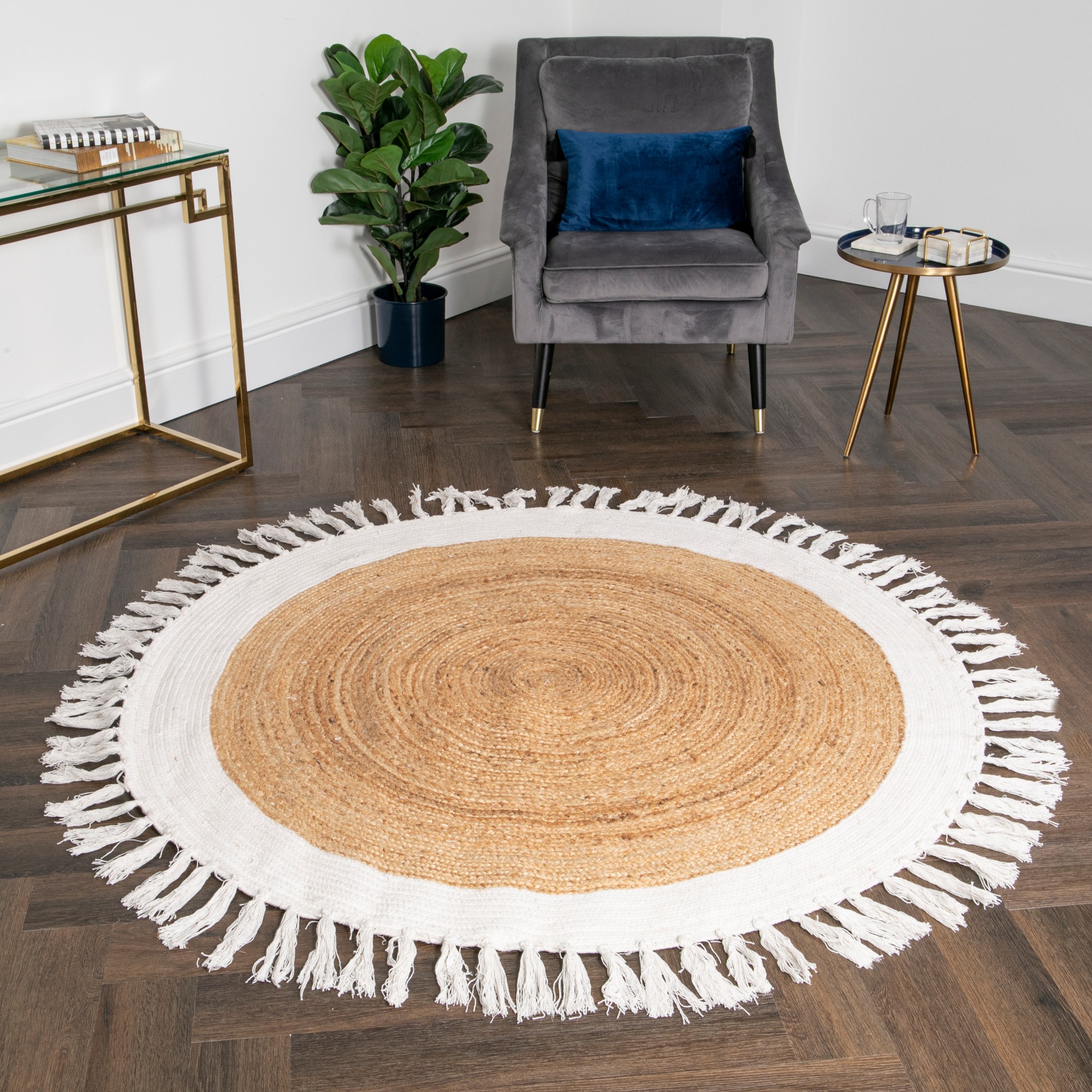 Gaia Jute Round Tassel Rug In Natural White